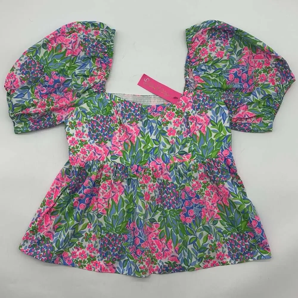 Lilly Pulitzer Kay Size 16 A Cherry on Top Short Puff Sleeve Peplum Cotton Top